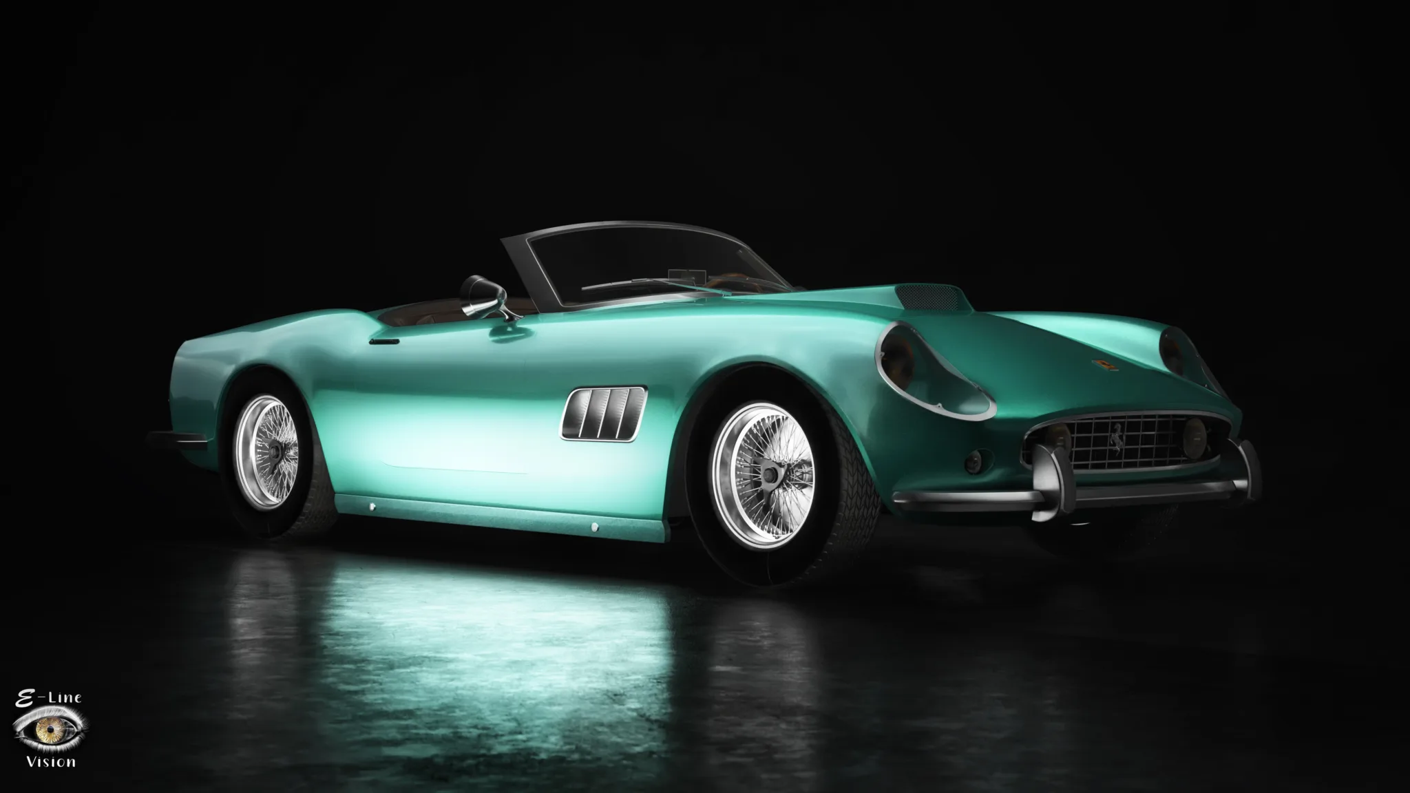 3D render of a petrol blue classic Ferrari California Spider in a studio