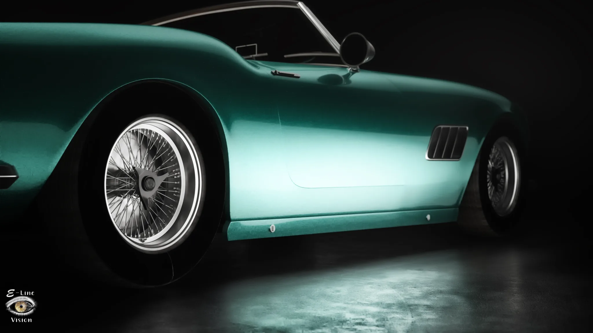 Detail of a 3D render of a petrol blue classic Ferrari California Spider with a wire wheel
