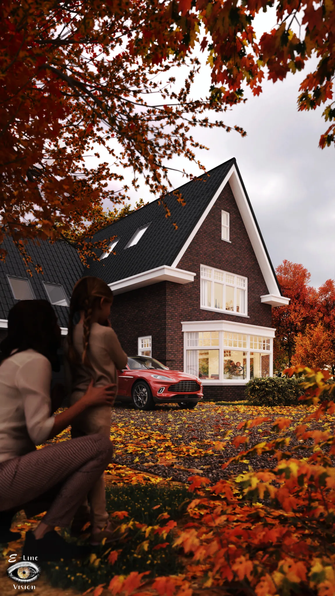 3D visualisation of a brick house in autumn, with a woman and a child in the leaves and a red car on the drive