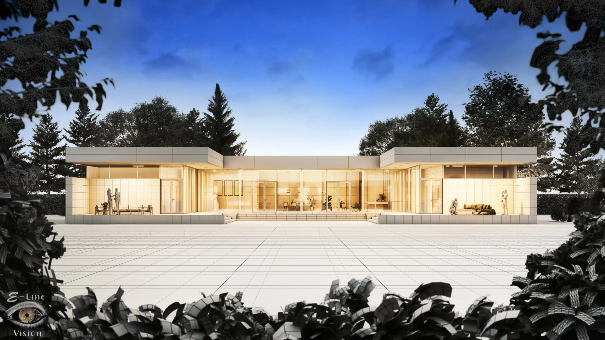 3D visualisation of a low, white, modern house with a glass facade, framed by dark greenery