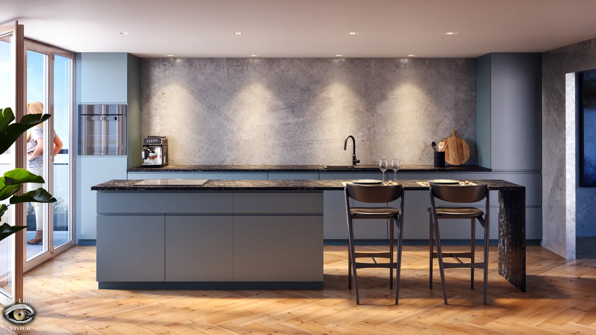 3D visualisation of a kitchen with a grey island, two bar stools and a concrete-look wall with spotlights