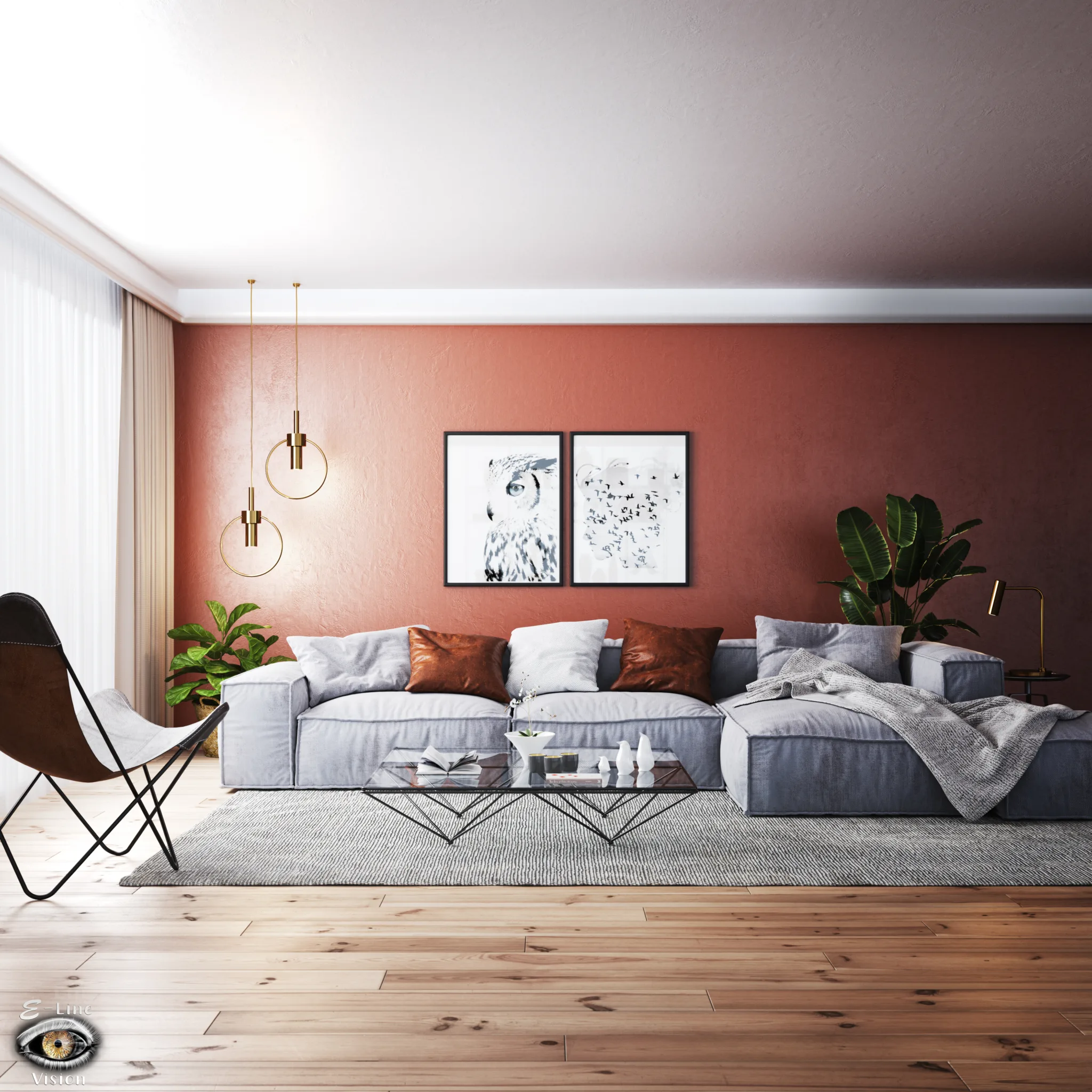 3D visualisation of a Scandinavian living room with a terracotta wall and a butterfly chair