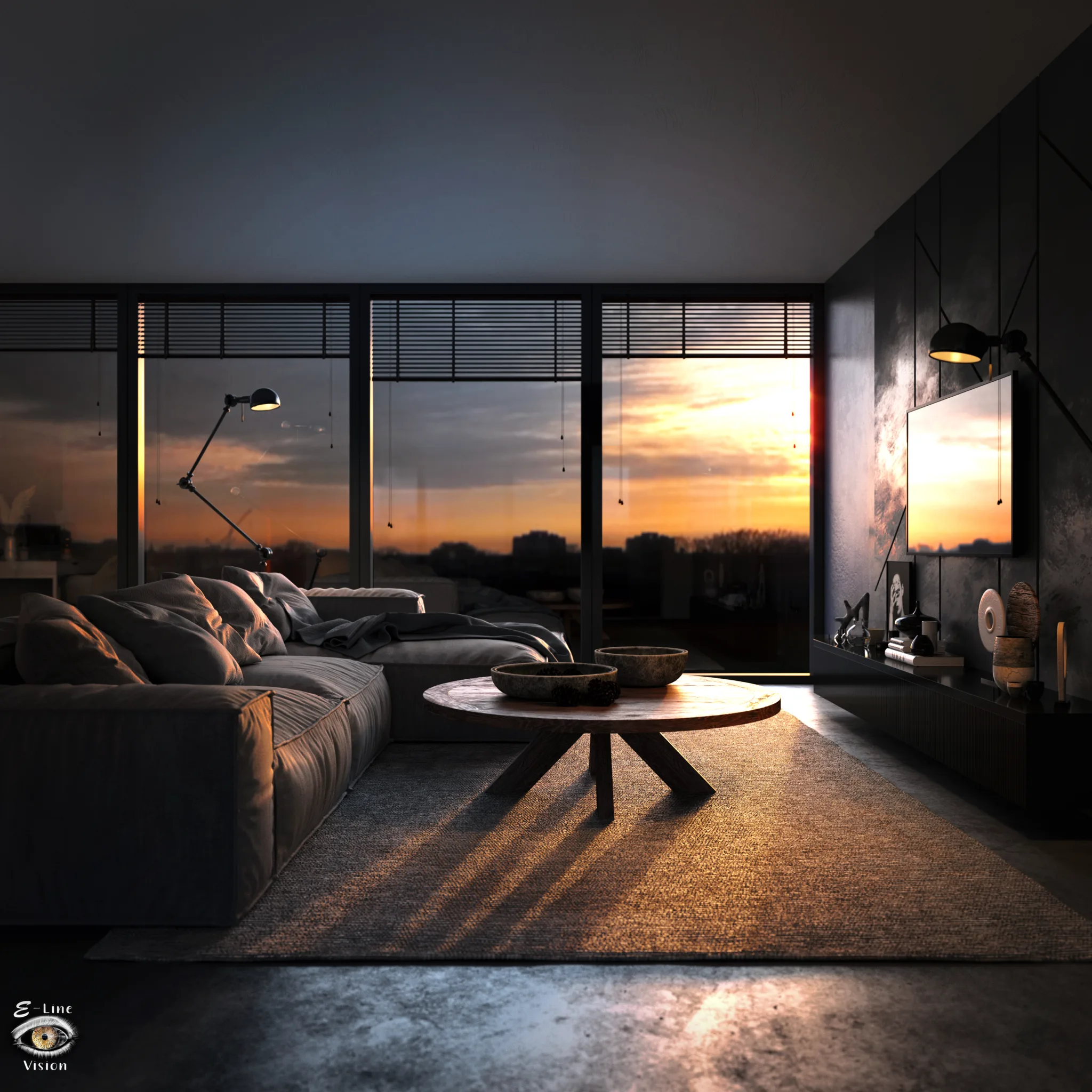 3D visualisation of a loft living room at sunset