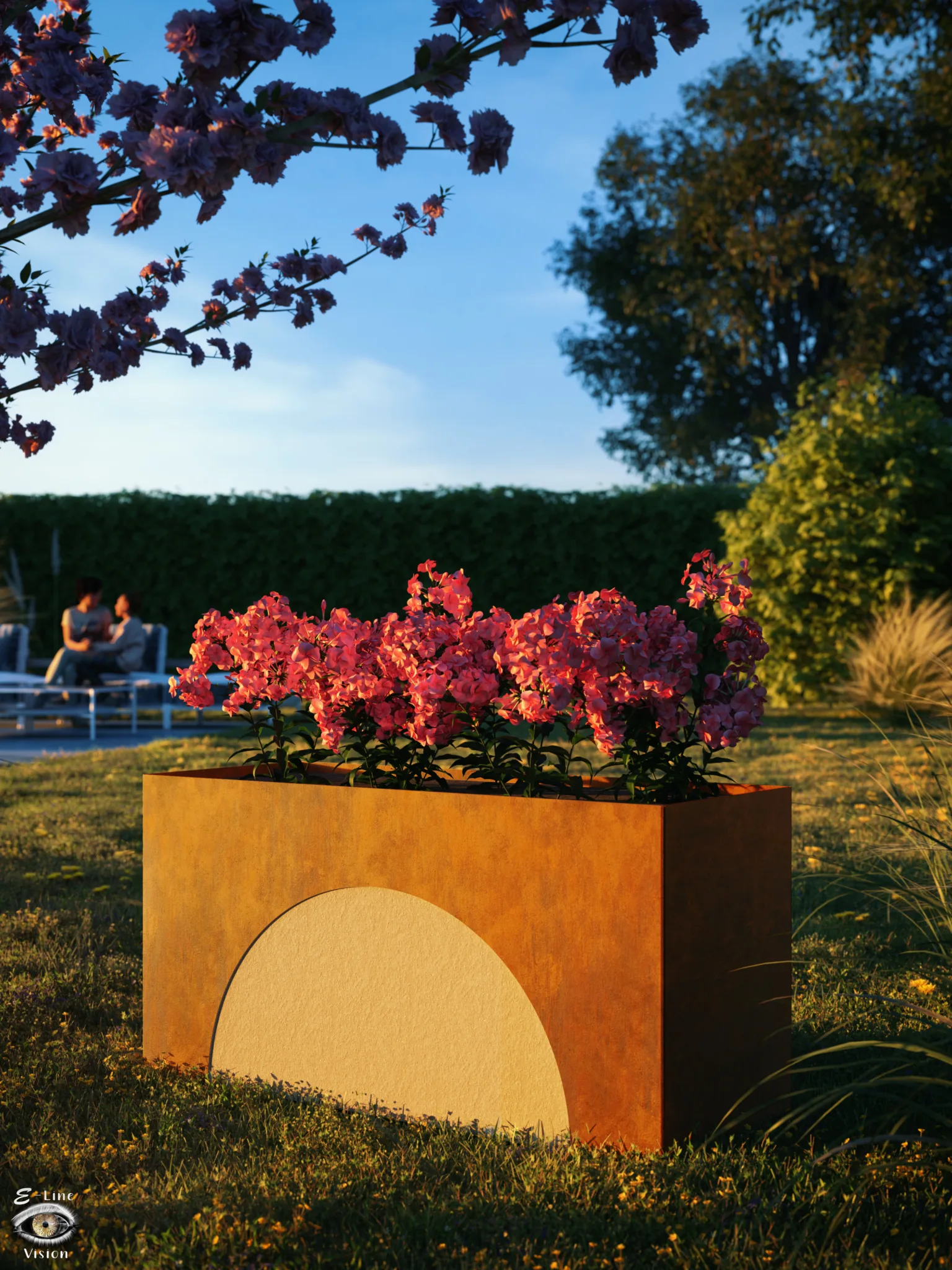 Product visualisation of a Corten steel bee planter with pink flowers on a lawn in the evening sun
