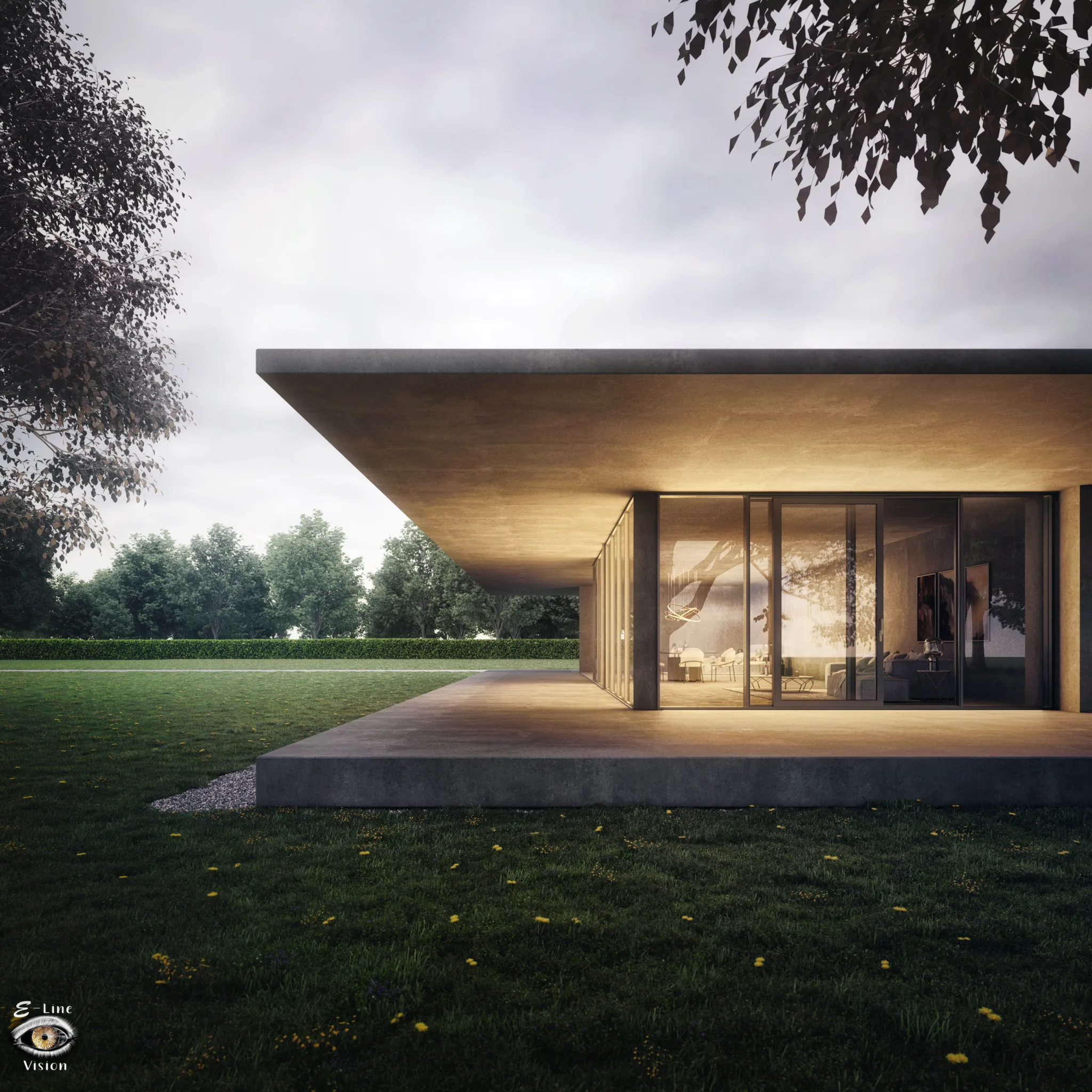 3D visualisation of a modern concrete villa with a cantilevered roof on a lawn, under an overcast sky