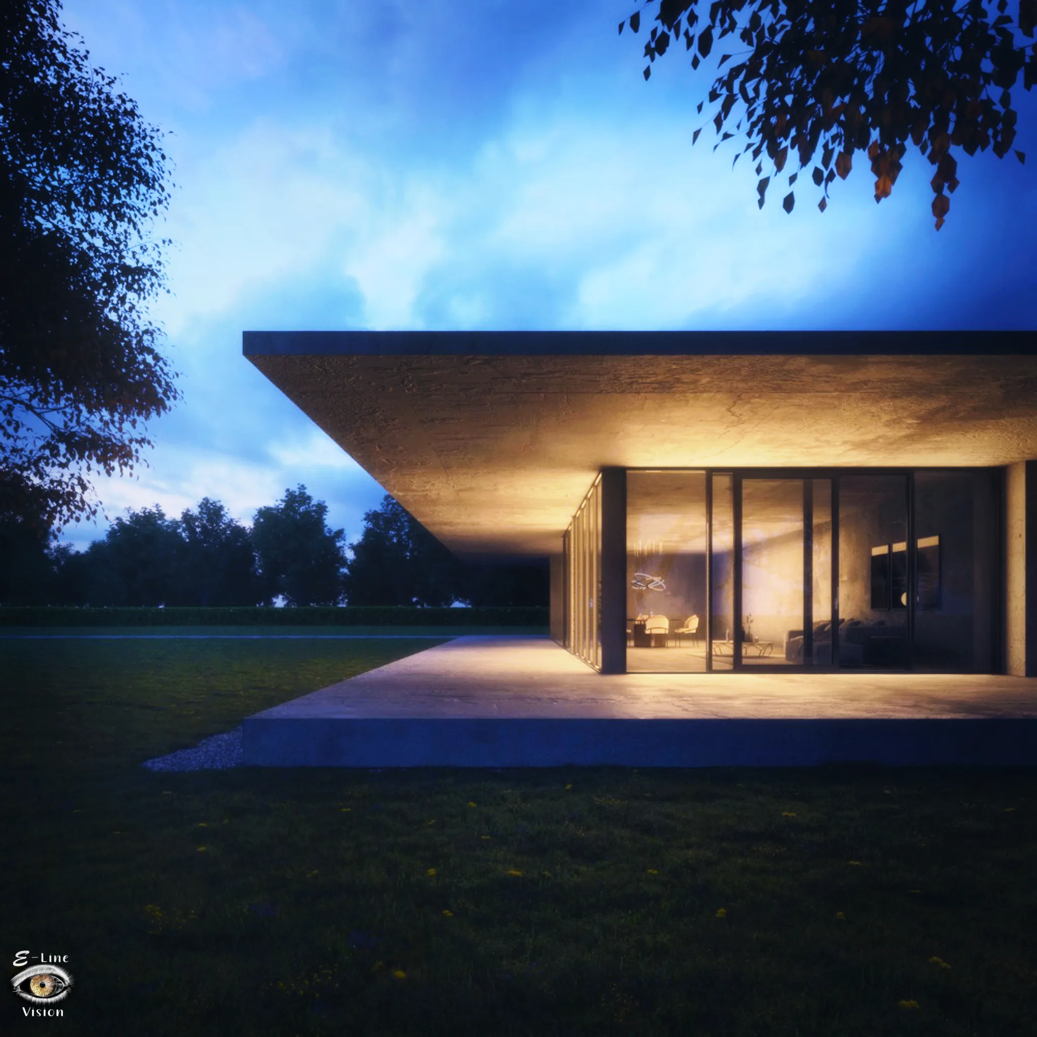 3D visualisation of a modern concrete villa with a cantilevered roof on a lawn in the evening