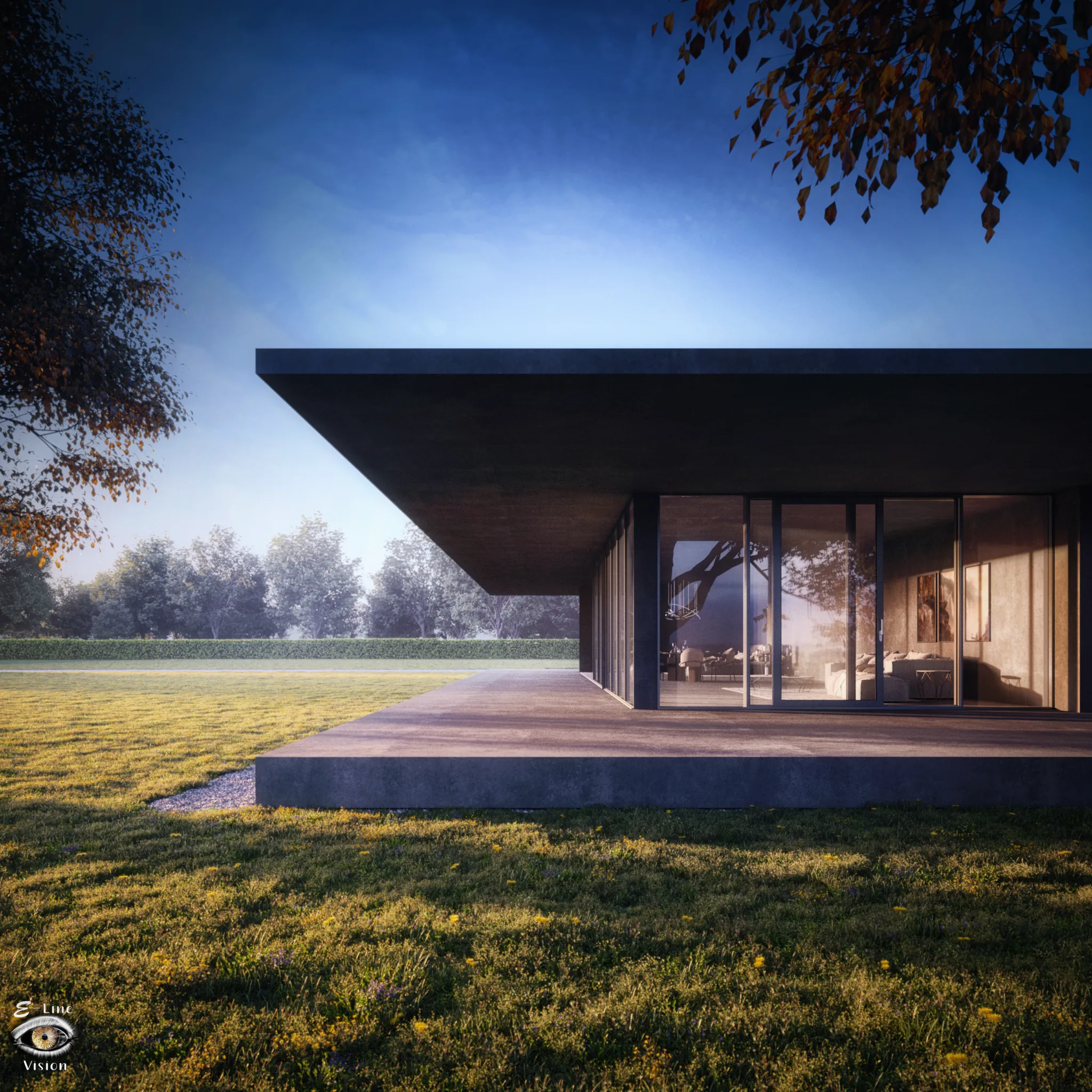 3D visualisation of a modern concrete villa with a cantilevered roof on a lawn in bright sunlight