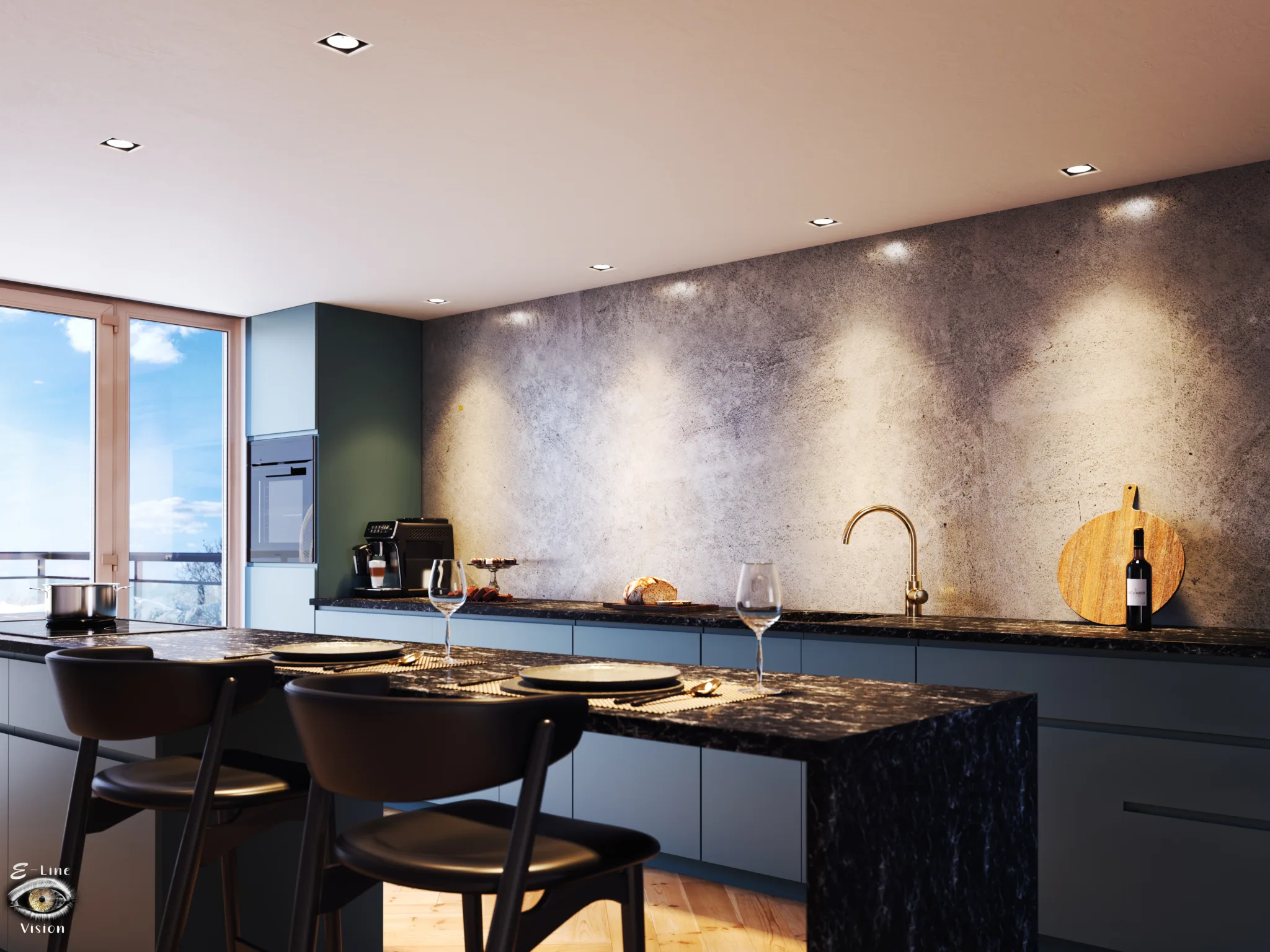 3D visualisation of a kitchen with a dark marble island, black chairs and a concrete-look wall with spotlights