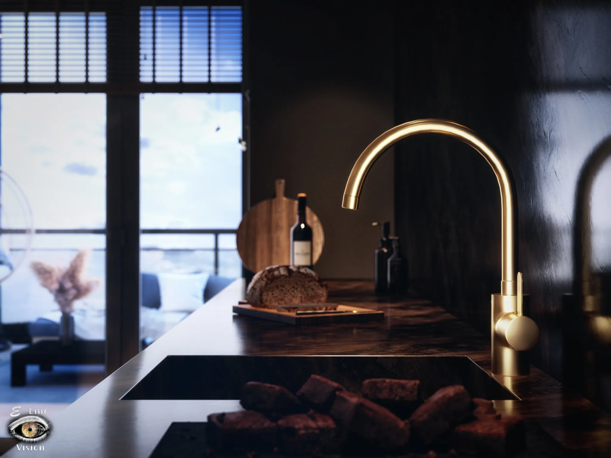 Close-up of a brass kitchen tap above a dark worktop with wooden chopping boards