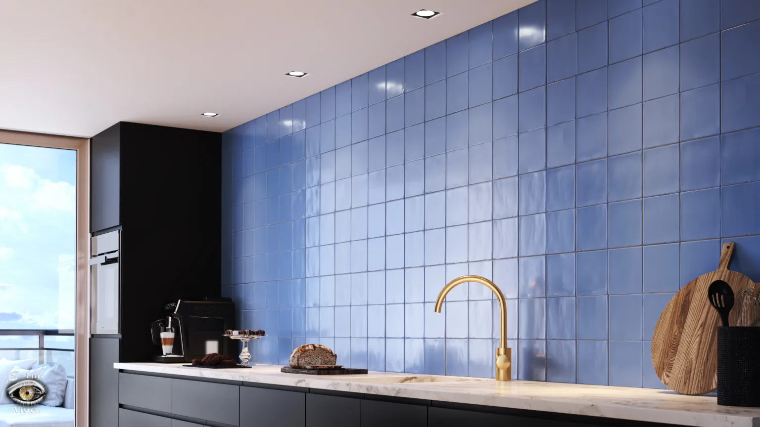 3D-visualisatie van een keuken met blauwe wandtegels, een messing kraan en houten snijplanken