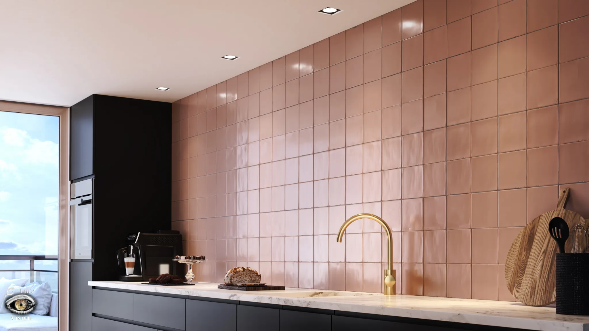 3D visualisation of a kitchen with pink wall tiles, a brass tap and wooden chopping boards