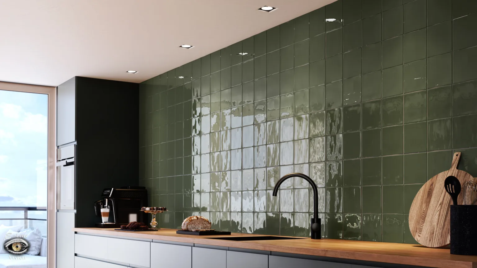 3D-visualisatie van een keuken met legergroene wandtegels, een zwarte kraan en een houten snijplank