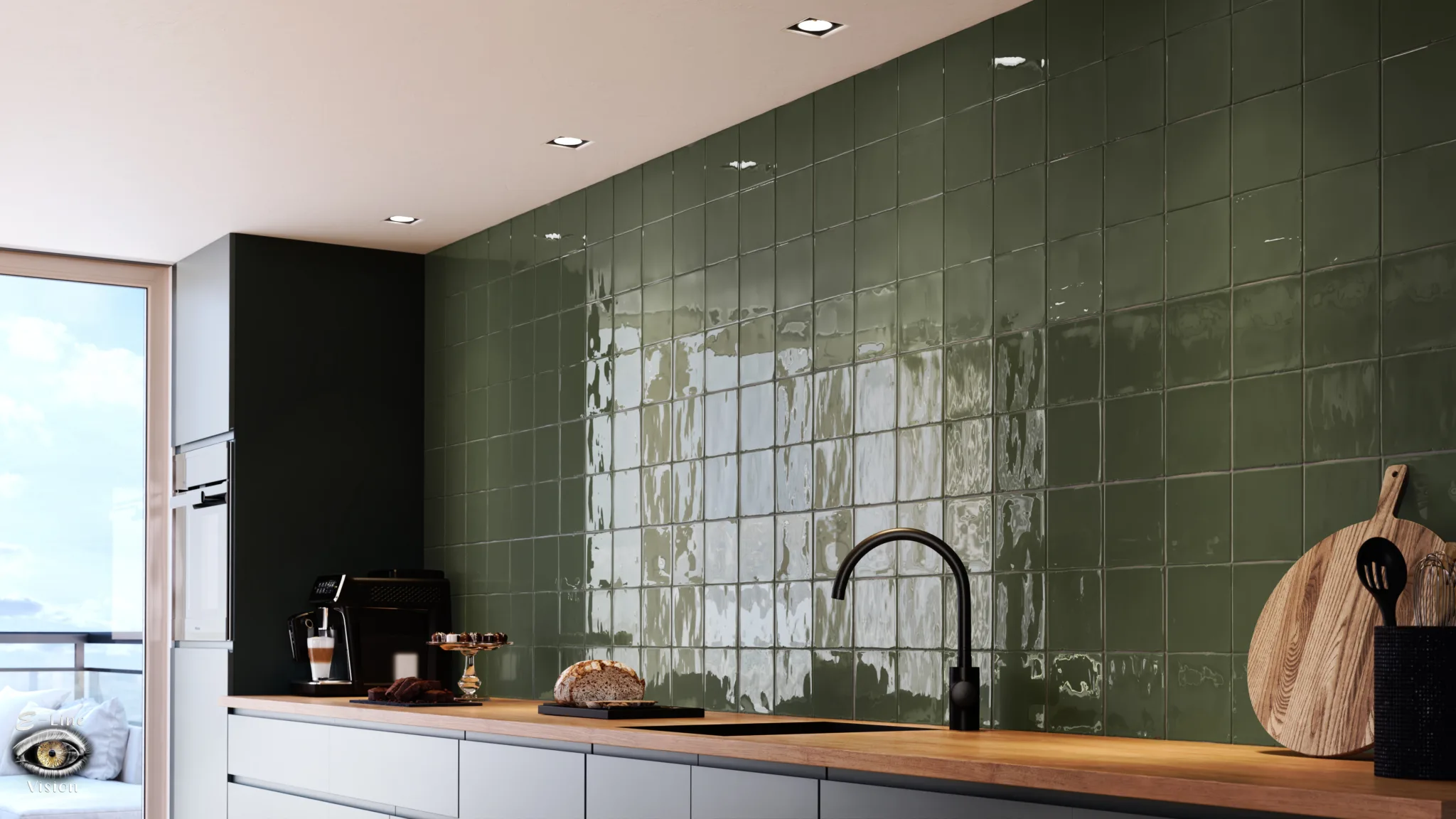 3D visualisation of a kitchen with army green wall tiles, a black tap and a wooden chopping board