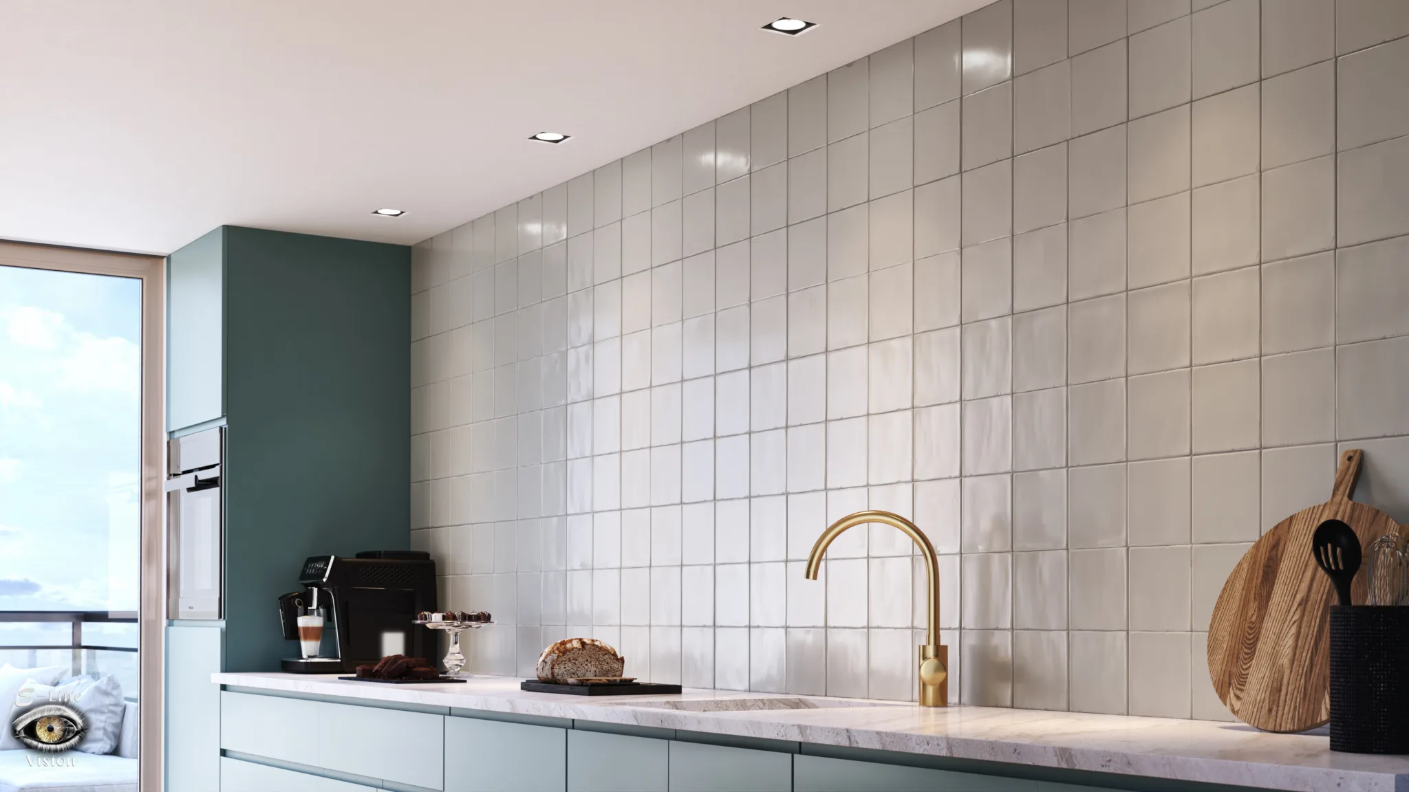 3D visualisation of a kitchen with taupe wall tiles, a brass tap and wooden chopping boards