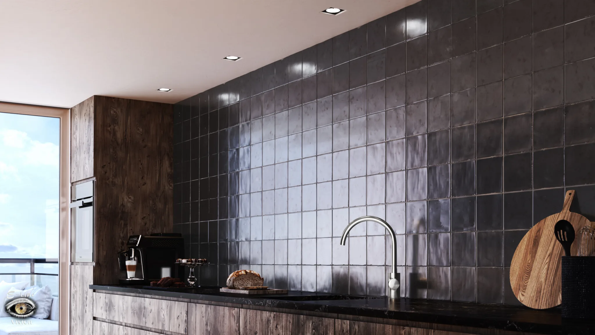 3D visualisation of a kitchen with dark silver-coloured wall tiles and wooden chopping boards