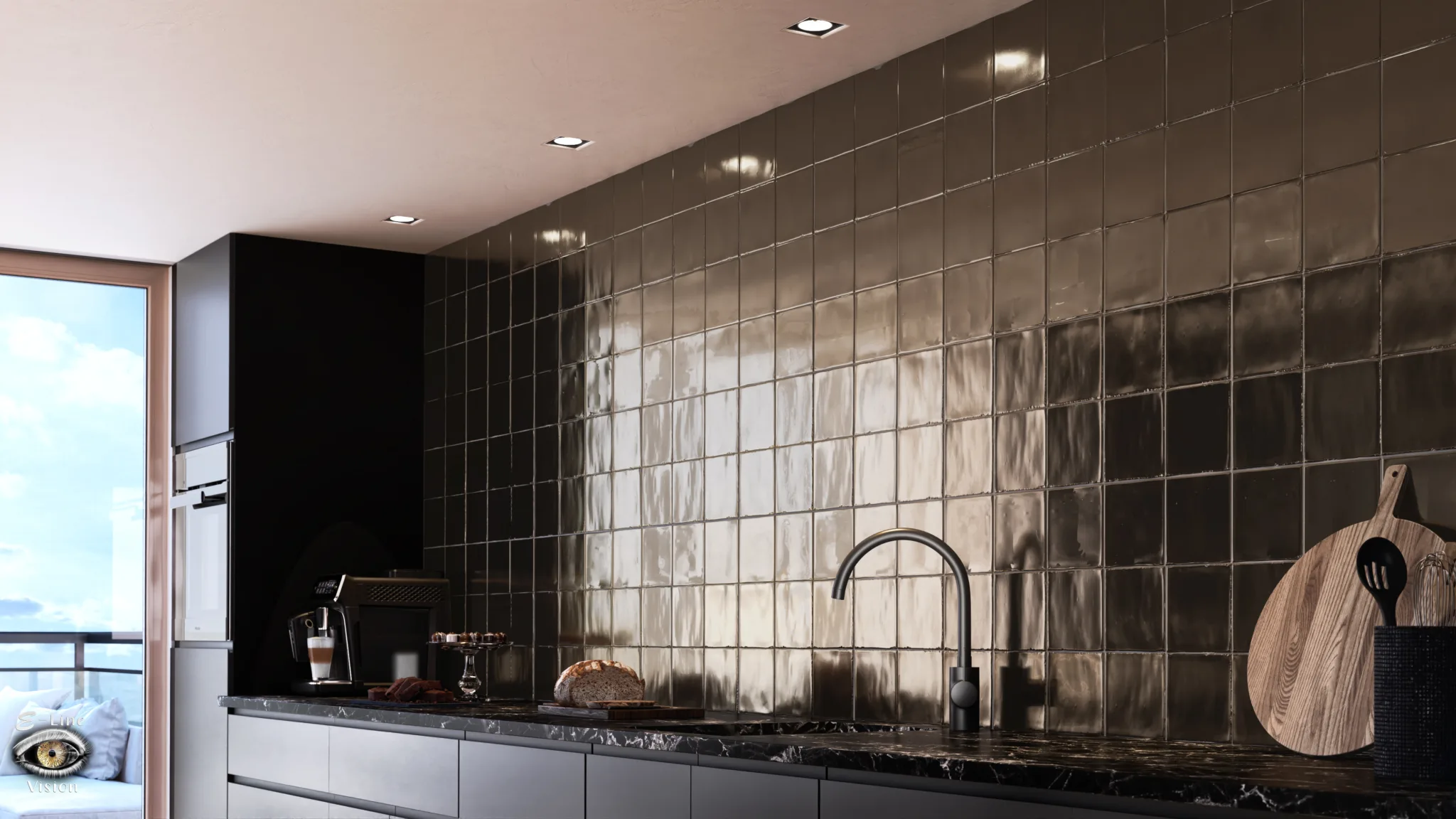 3D visualisation of a kitchen with bronze-coloured wall tiles and wooden chopping boards