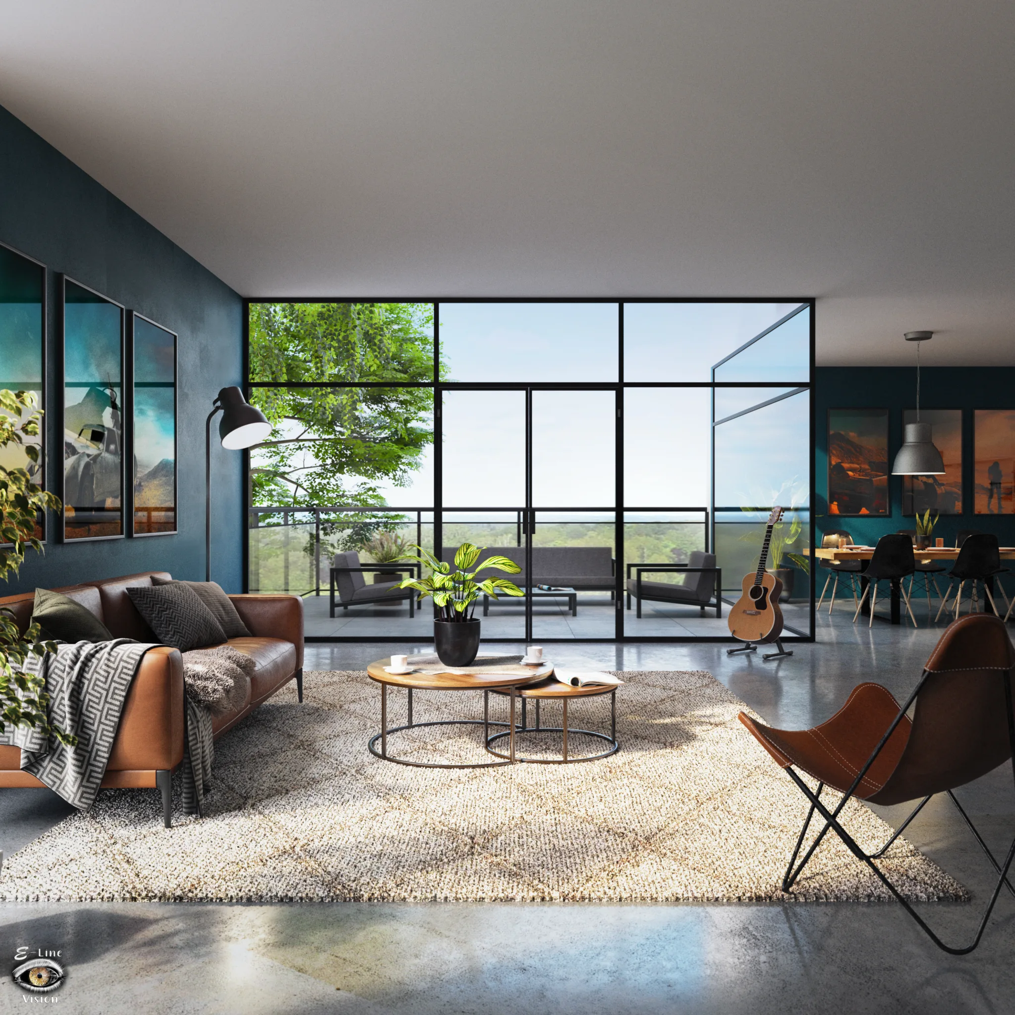 3D visualisation of an industrial living room with a petrol blue wall and a leather butterfly chair