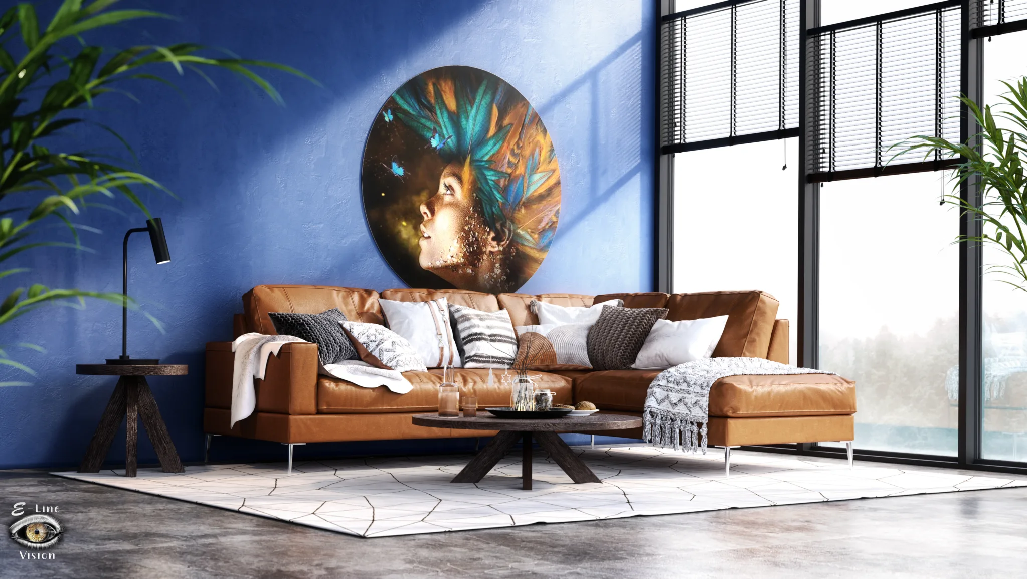 3D visualisation of an industrial living room with a blue wall, a cognac-coloured sofa and a round artwork