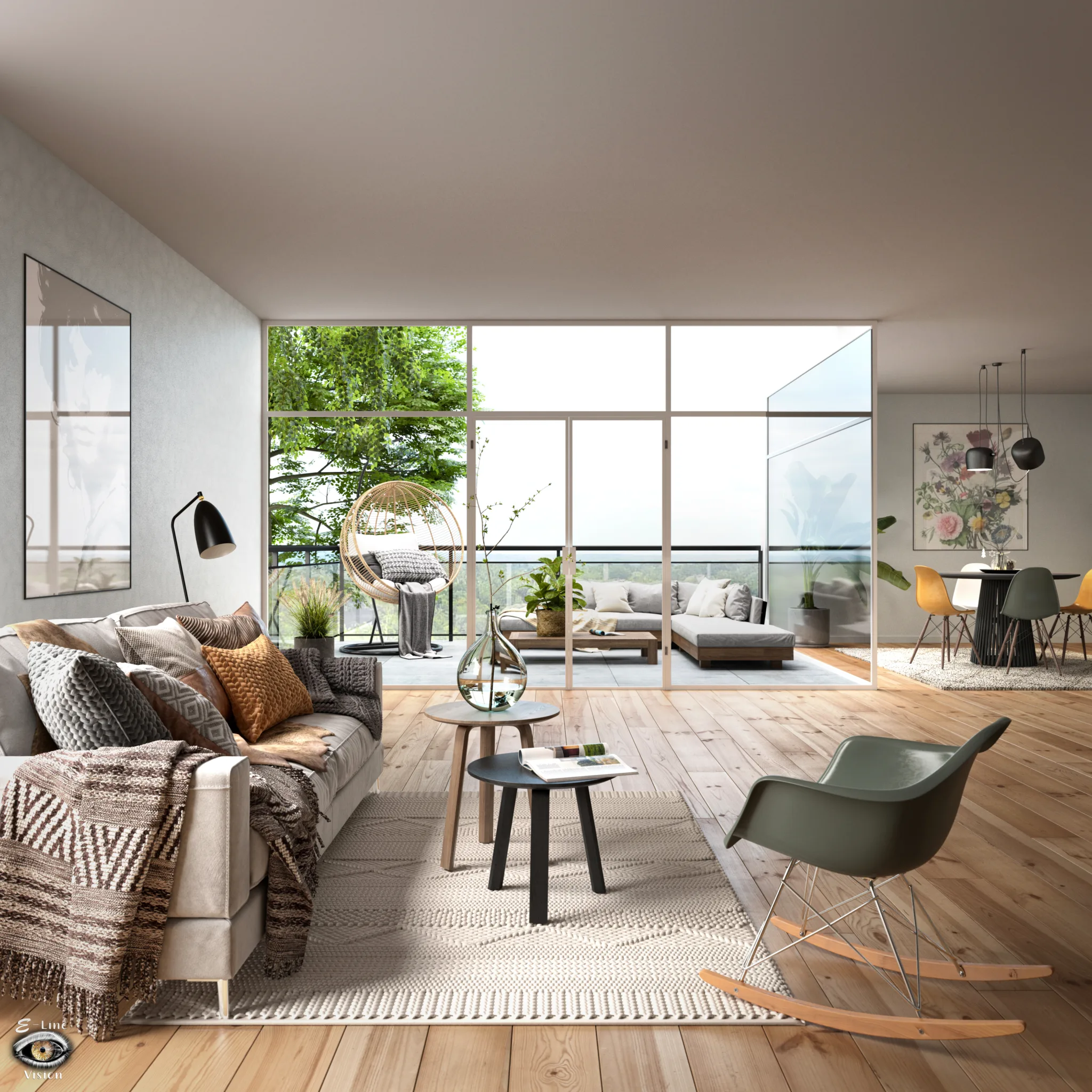3D visualisation of a Scandinavian living room with a grey sofa, a coffee table and a dining area