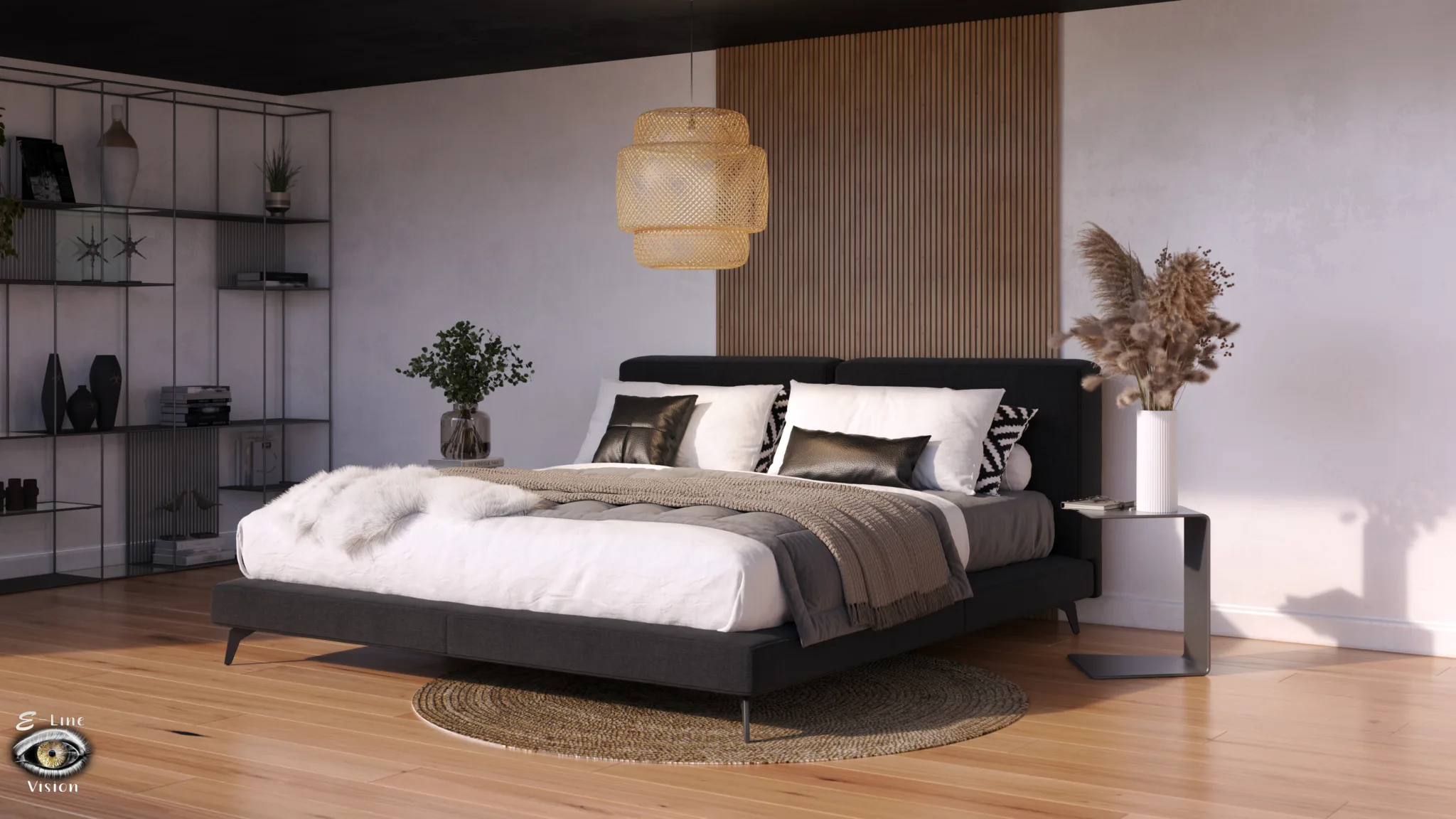 3D visualisation of a bedroom with a dark bed, a wall of wooden slats and a rattan pendant lamp