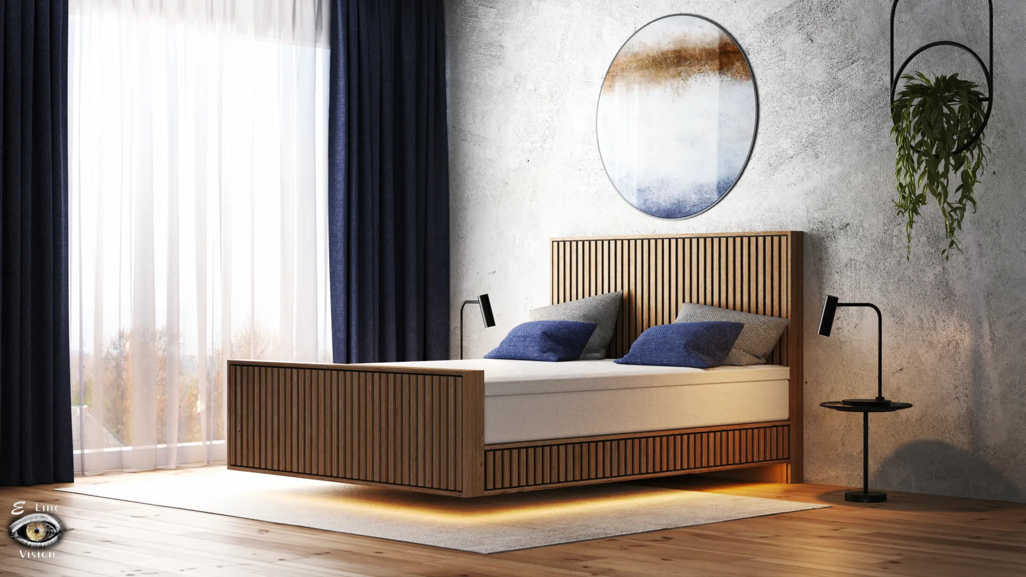 3D visualisation of a bedroom with a bed made of wooden slats, blue cushions, a round artwork and a hanging plant
