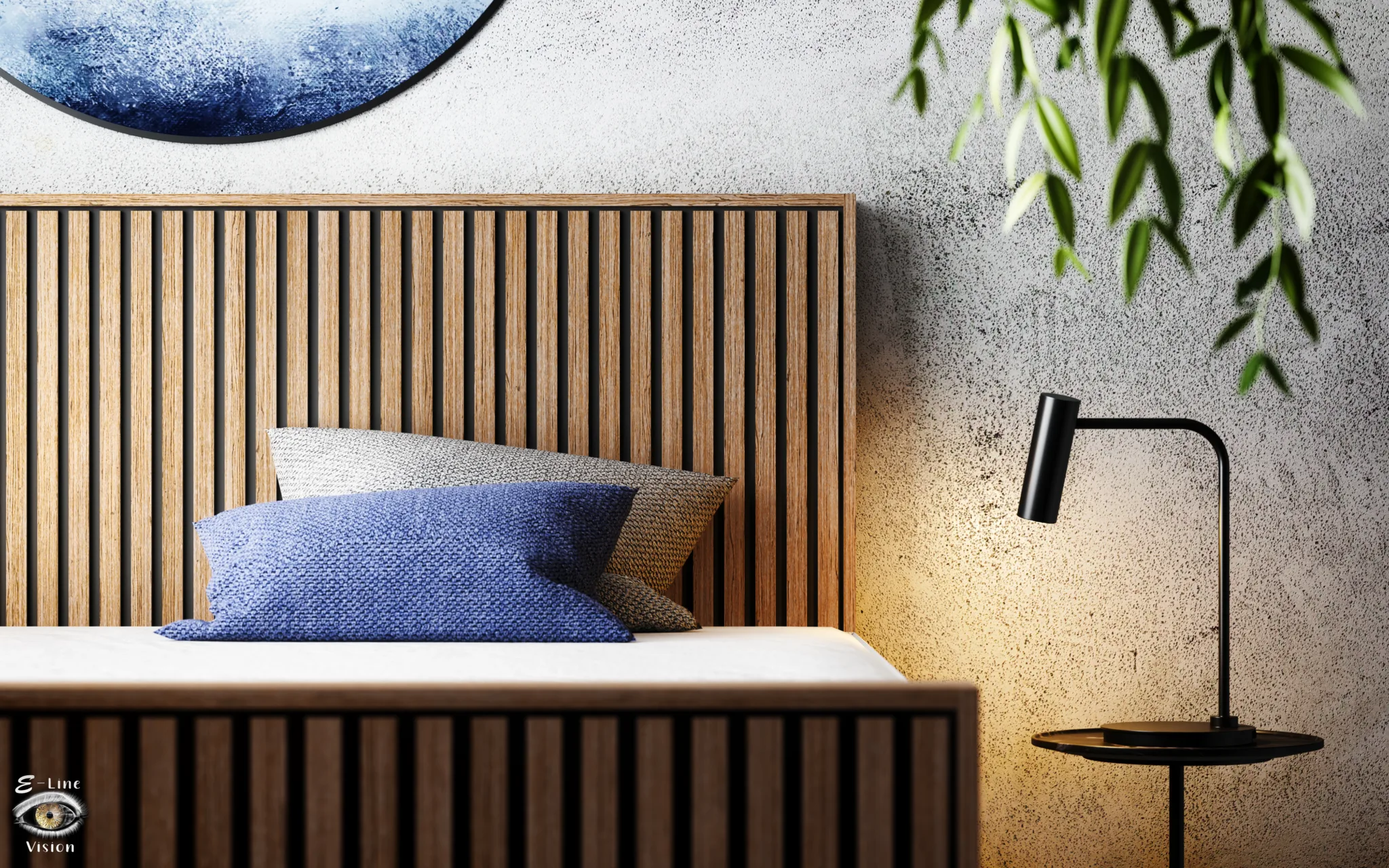 Close-up of a headboard of vertical wooden slats with a blue cushion and a wall lamp