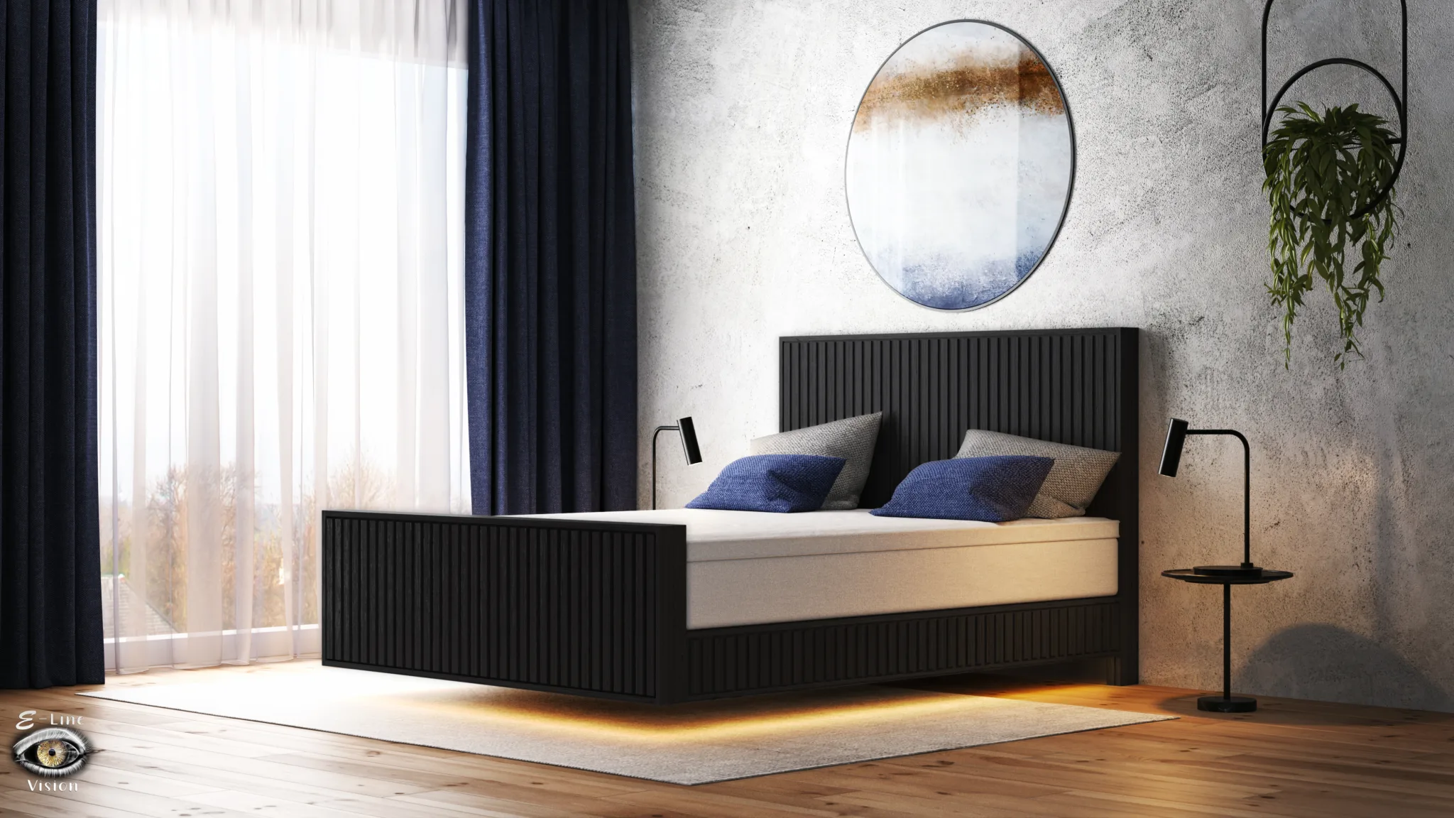 3D visualisation of a bedroom with a black bed, blue cushions, a round artwork, a hanging plant and lighting under the bed