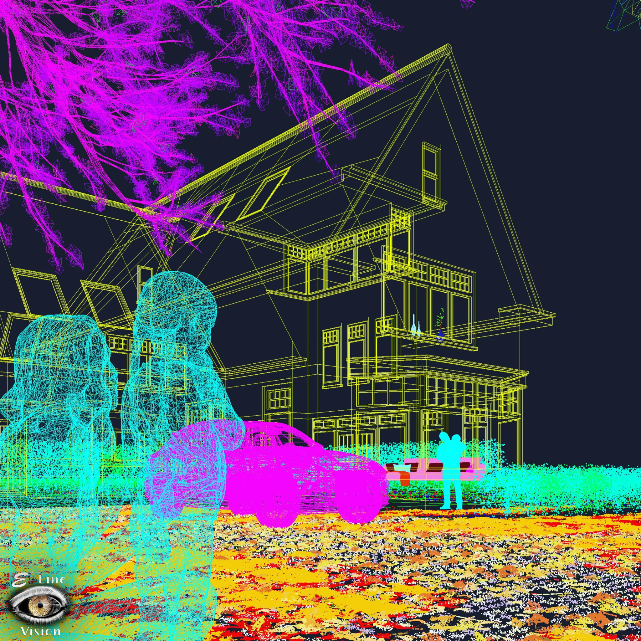 Colourful wireframe of an autumn scene with a house, two people and a car