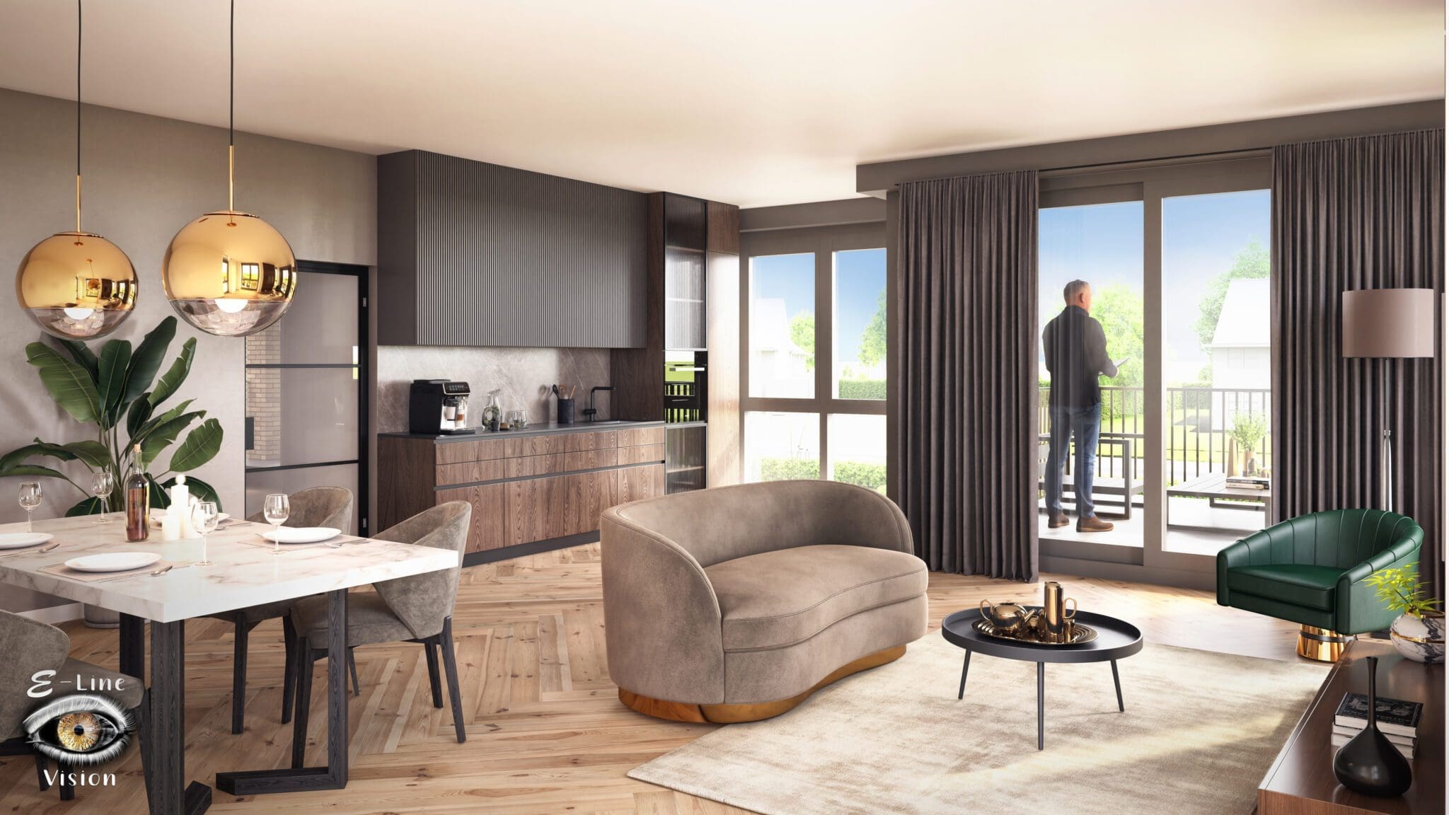 3D visualisation of an open-plan kitchen-diner with a curved sofa, a dining table and a balcony door