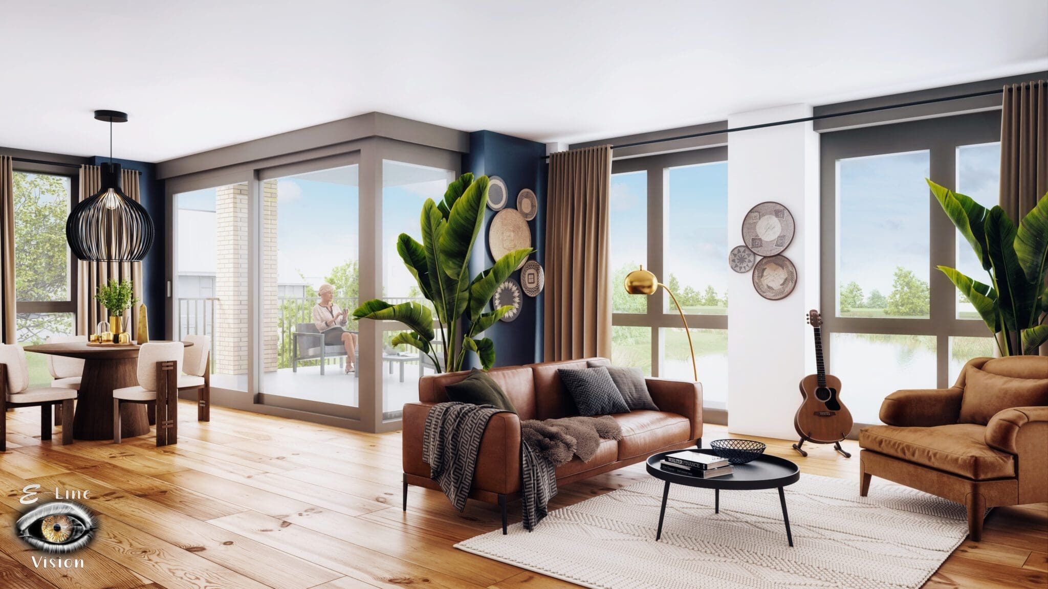 3D visualisation of a bright living room with a leather sofa, plants, a dining table and a wooden floor