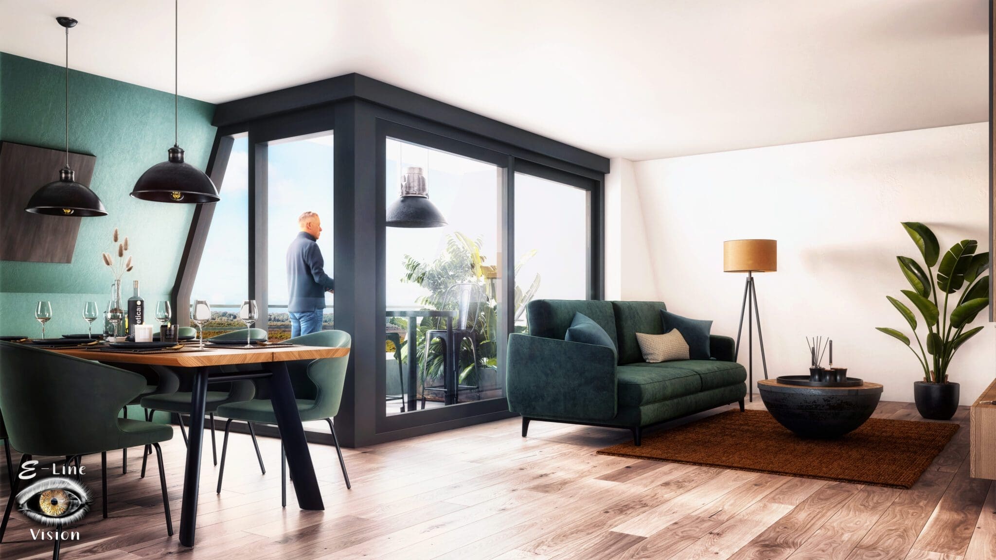 3D visualisation of a dining area with a petrol blue wall, black pendant lamps and a green sofa