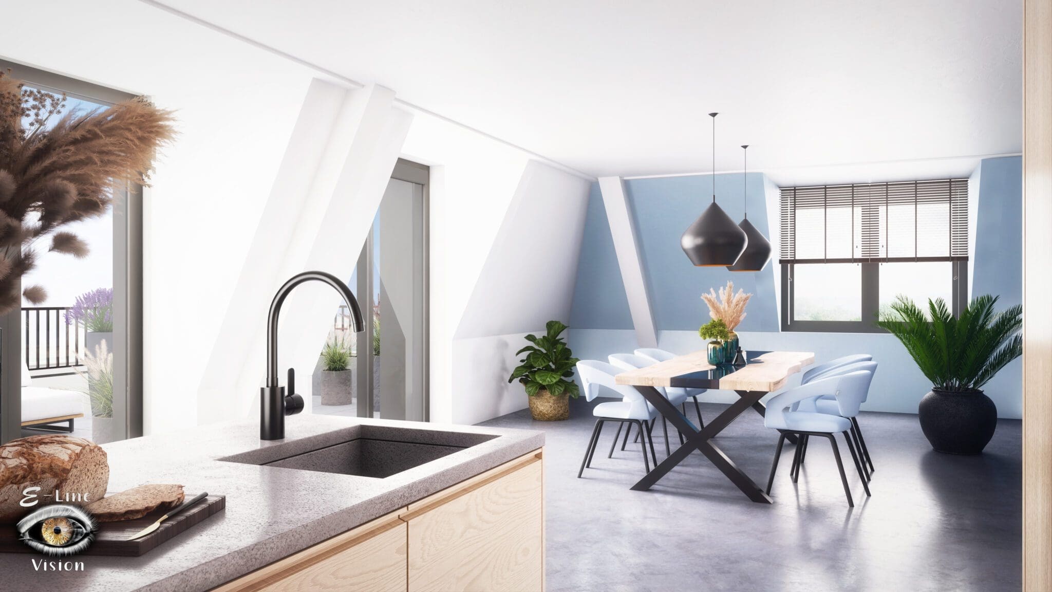 3D visualisation of an open kitchen in an attic with a black tap and a dining table under the sloping roof
