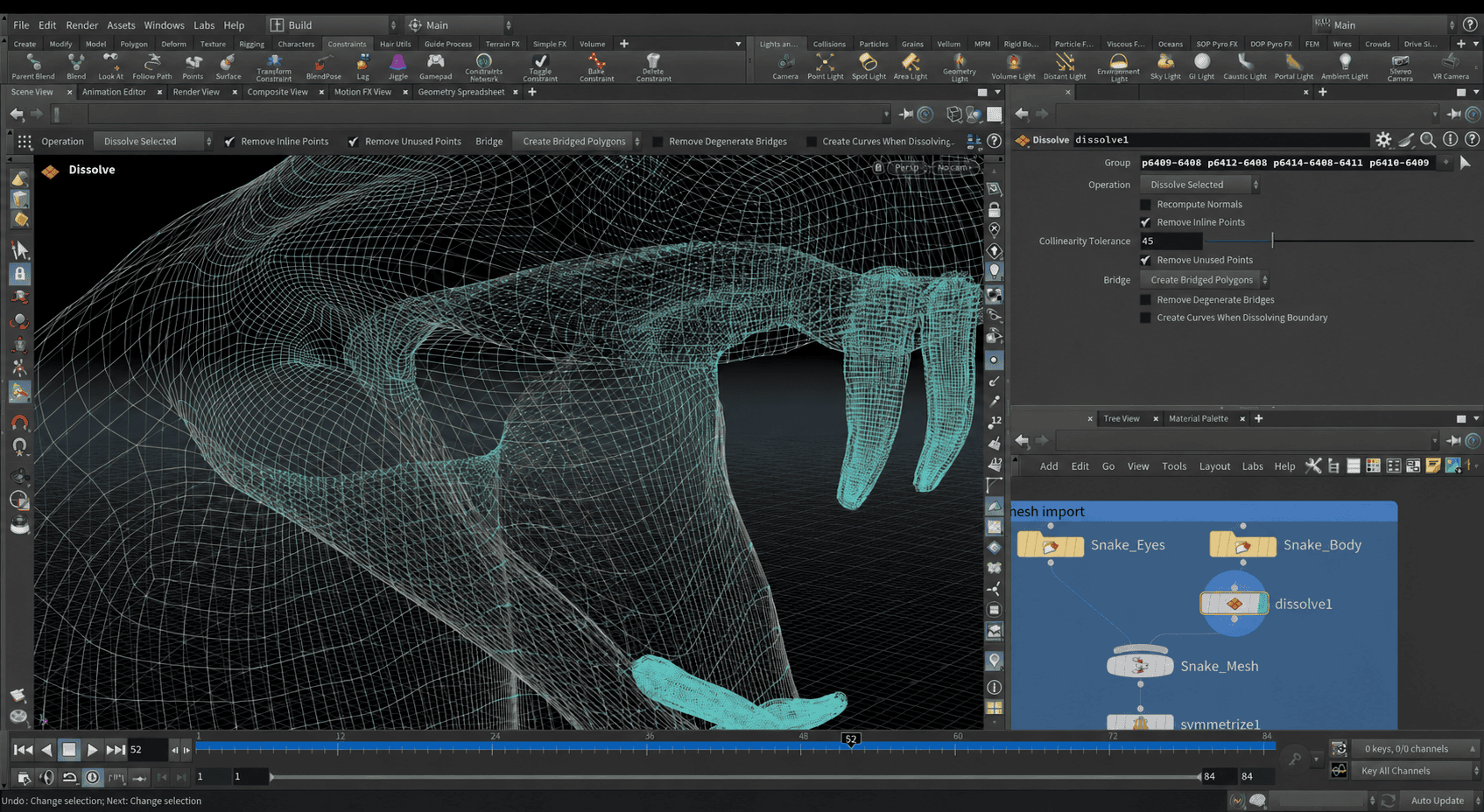 Wireframe van de slang van stenen in Houdini, met het node-netwerk waarin het model wordt ingeladen en samengevoegd