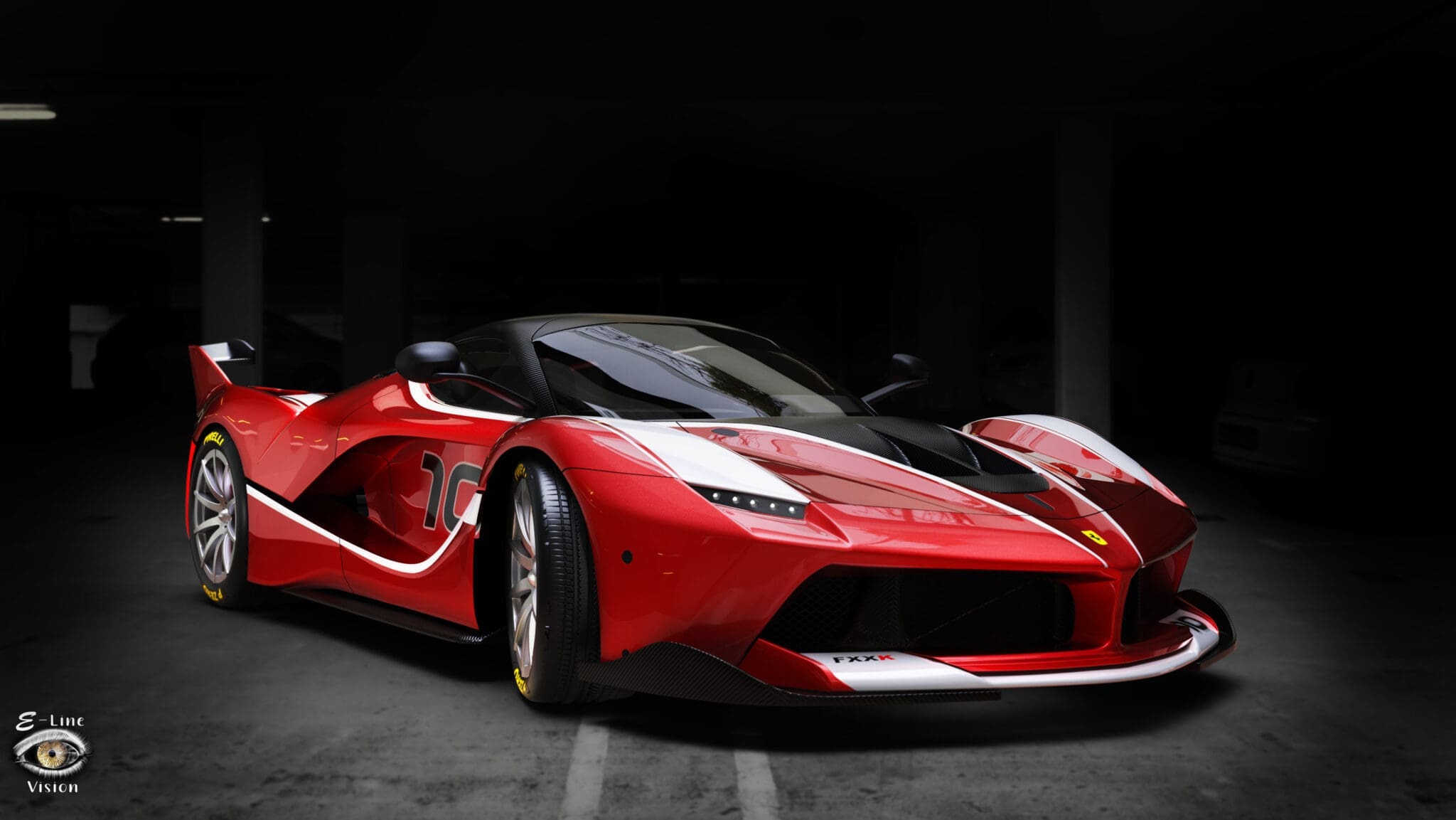 3D render of a red hypercar with high-gloss paint, carbon details and studio lighting