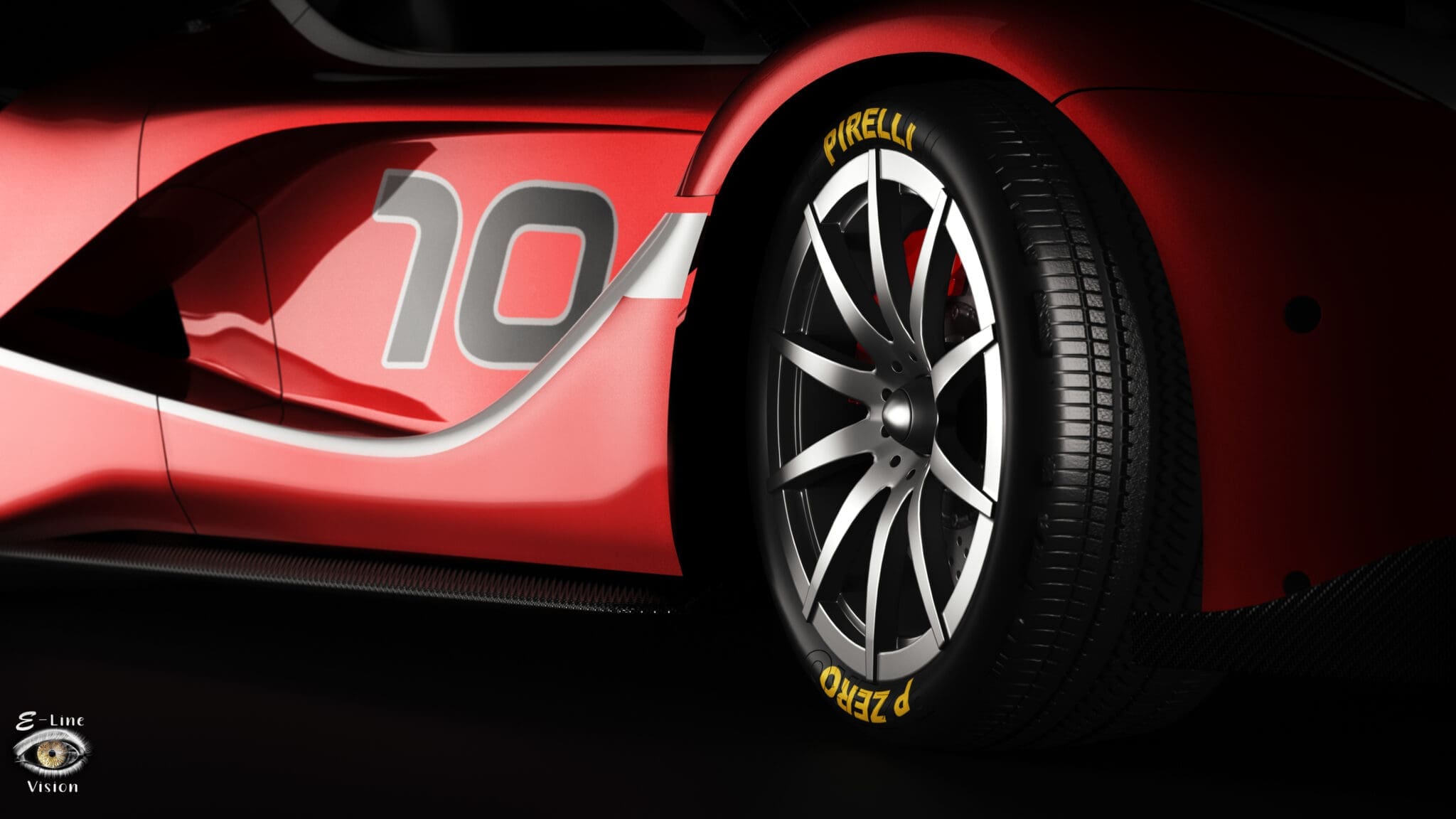 Close-up 3D render of the wheel of a red sports car, with brake caliper and carbon details