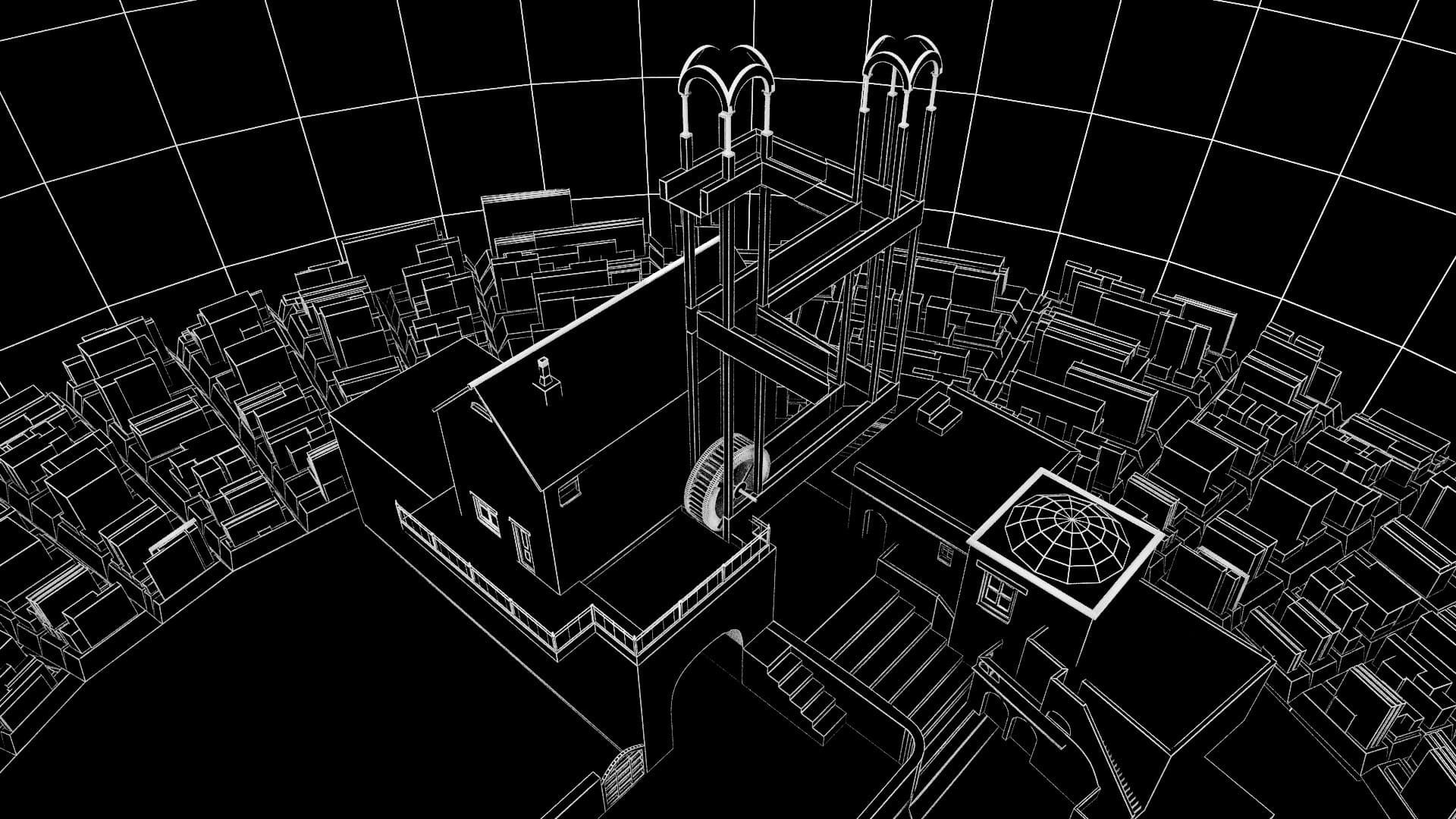 Witte wireframe op zwart van De Waterval van Escher in 3D, met de toren, het waterrad en de stad eromheen