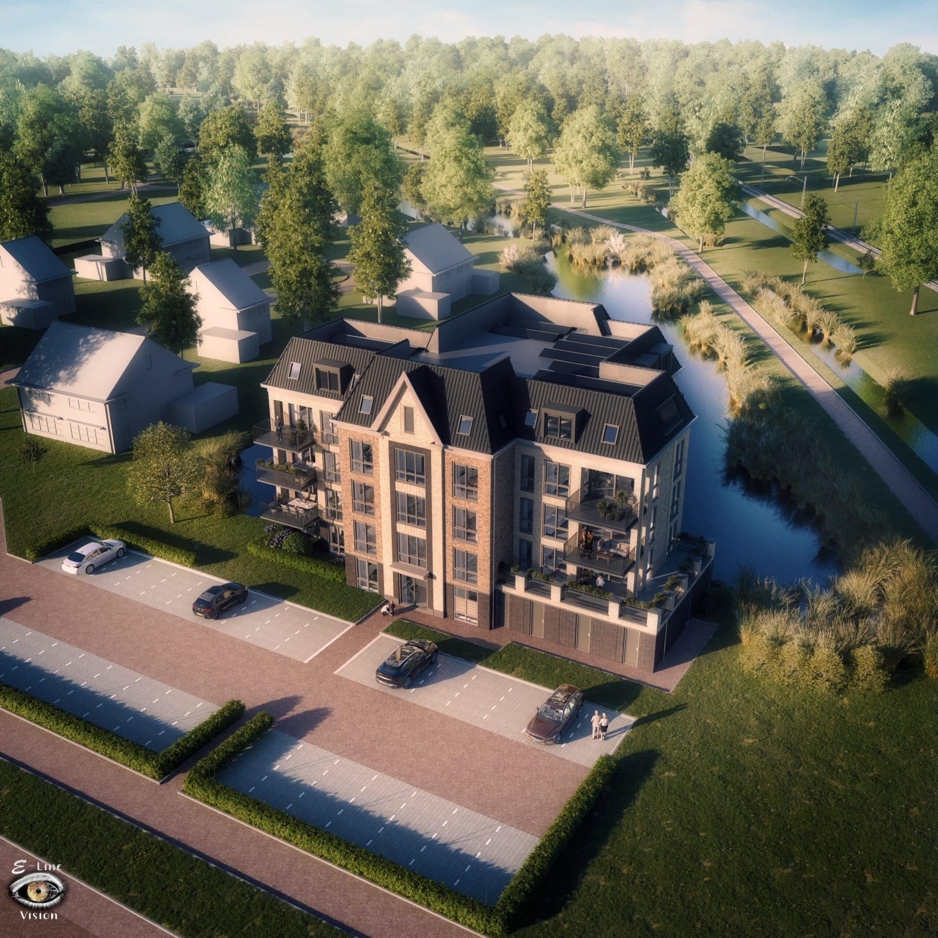 Exterieurvisualisatie in vogelvlucht 3D-visualisatie in vogelvlucht van een appartementengebouw in een groene woonwijk
