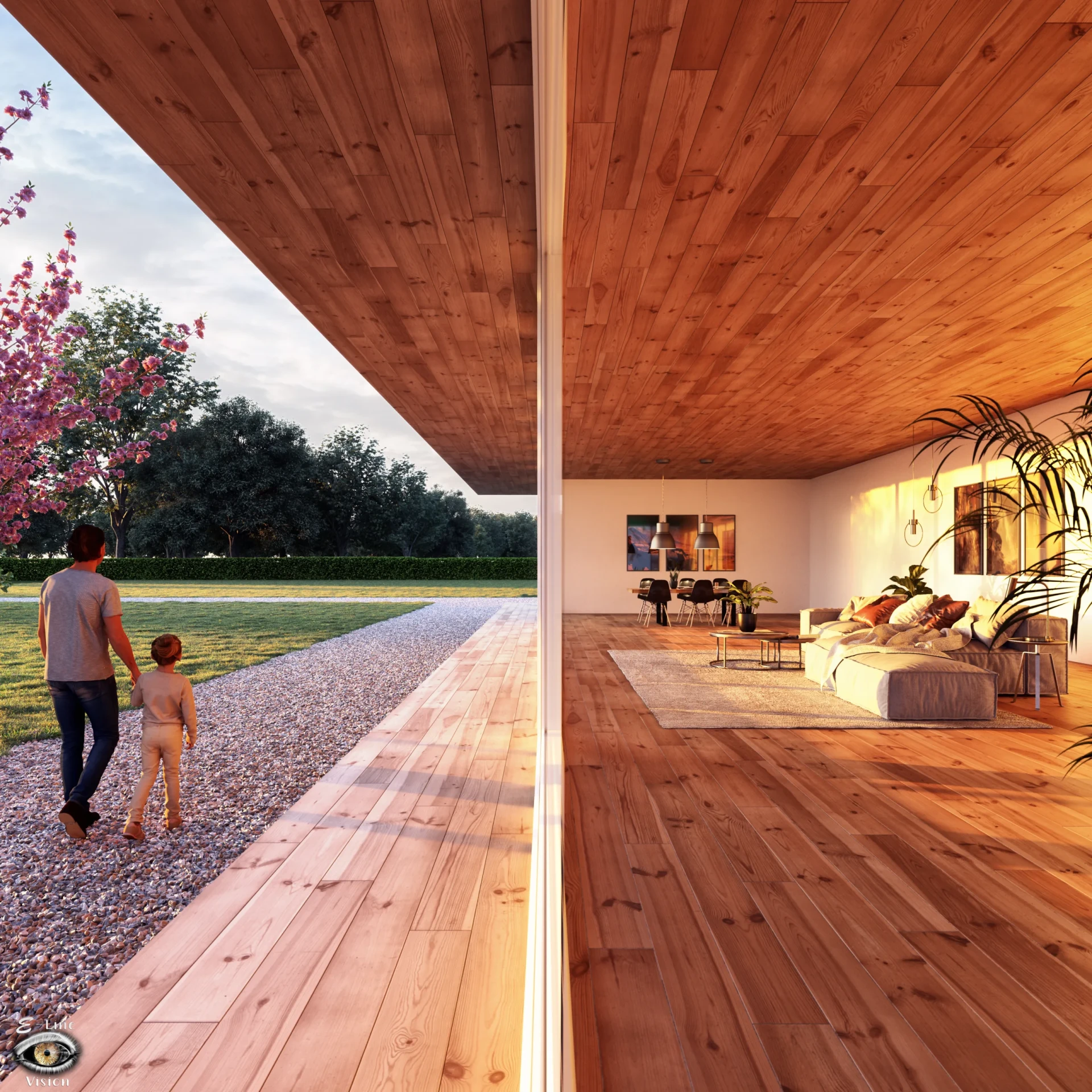 Exterieurvisualisatie van een moderne woning 3D-visualisatie van een moderne woning met een grote houten overkapping en een glazen pui, met een man en een kind op het grindpad